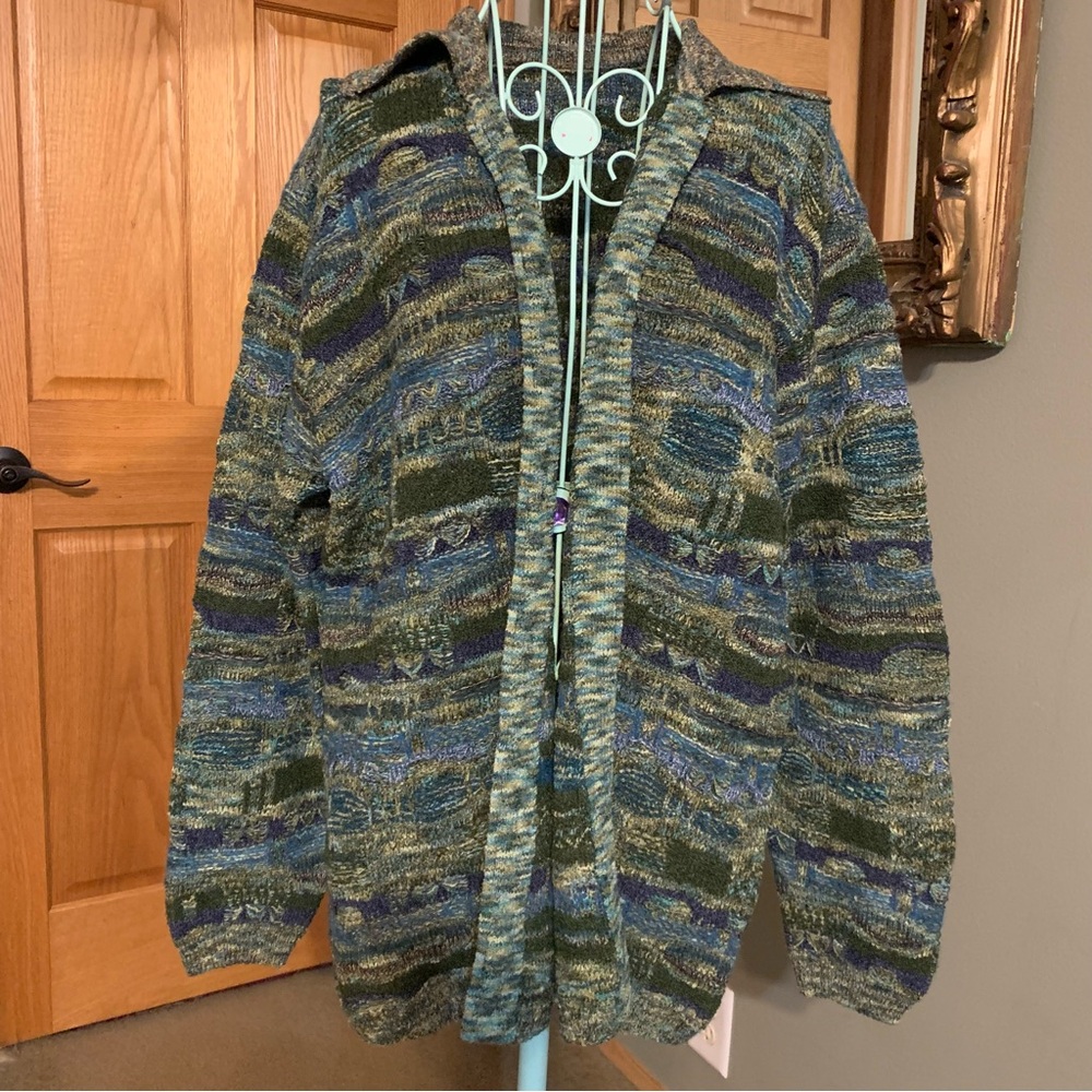 Cardigan Variegated Knit Blue Green Colors Stretch Open Front Sweater L/XL Warm